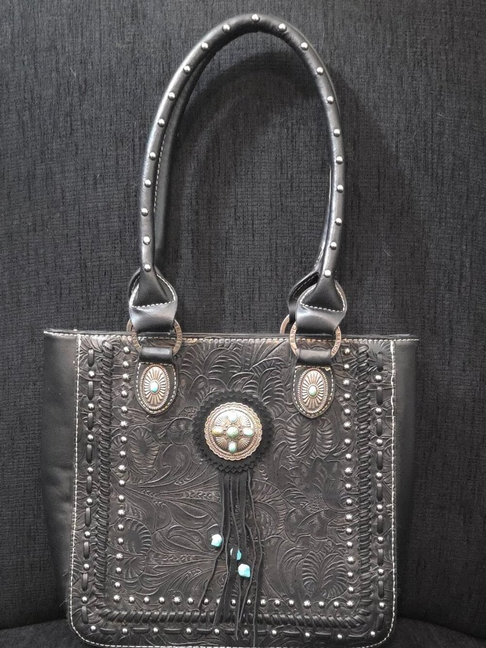 Trinity Ranch Western Black Tooled Shoulder Bag